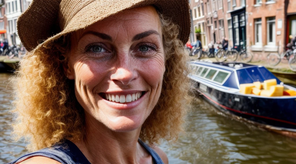 raw closeup of a stunningly beautiful woman, by the canals of holland, shops selling gouda cheese, RAW, 8K, UHD, natural lighting, perfect day, amateur, candid, extreme close up,