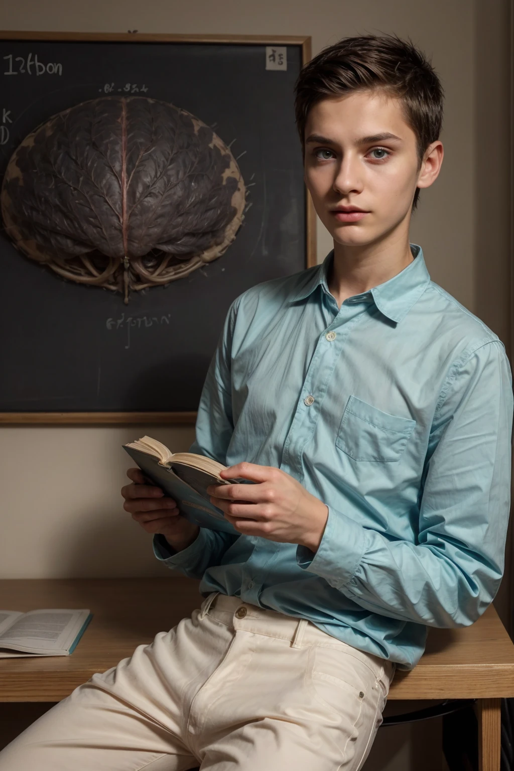 A beautiful young man, male, a cute twink, with black hair and a face with make-up, wearing a long-sleeved white shirt and aqua blue pants, and he is in his office, and behind him is a blackboard on which is written the shape of the brain and its anatomy, and nuclear energy comes out of it, and he has a face with make-up and his eyes.  There are dark circles underneath while he is sitting, looking innocent, with a beautiful face with make-up and a neuroscience book in his hand