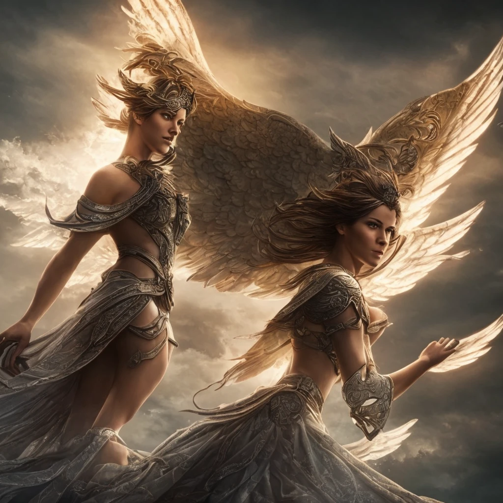 a beautiful warrior woman with angelic wings, heavenly aura, cinematic lighting, intricate details, photorealistic, digital art, female protagonist, winged figure, ethereal beauty, dramatic pose, glowing halo, mystical atmosphere, epic fantasy, dramatic lighting, hyper-detailed, ultra-realistic, CGI, 8k, high resolution