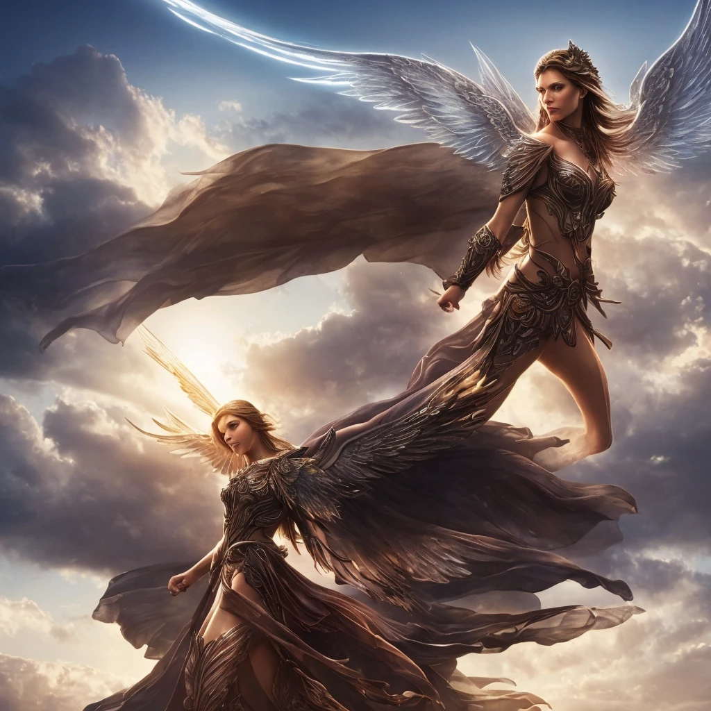 a beautiful warrior woman with angelic wings, heavenly aura, cinematic lighting, intricate details, photorealistic, digital art, female protagonist, winged figure, ethereal beauty, dramatic pose, glowing halo, mystical atmosphere, epic fantasy, dramatic lighting, hyper-detailed, ultra-realistic, CGI, 8k, high resolution