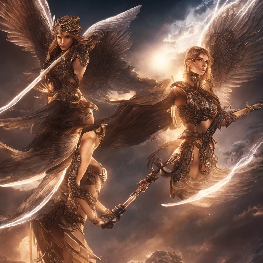 a beautiful warrior woman with angelic wings, heavenly aura, cinematic lighting, intricate details, photorealistic, digital art, female protagonist, winged figure, ethereal beauty, dramatic pose, glowing halo, mystical atmosphere, epic fantasy, dramatic lighting, hyper-detailed, ultra-realistic, CGI, 8k, high resolution