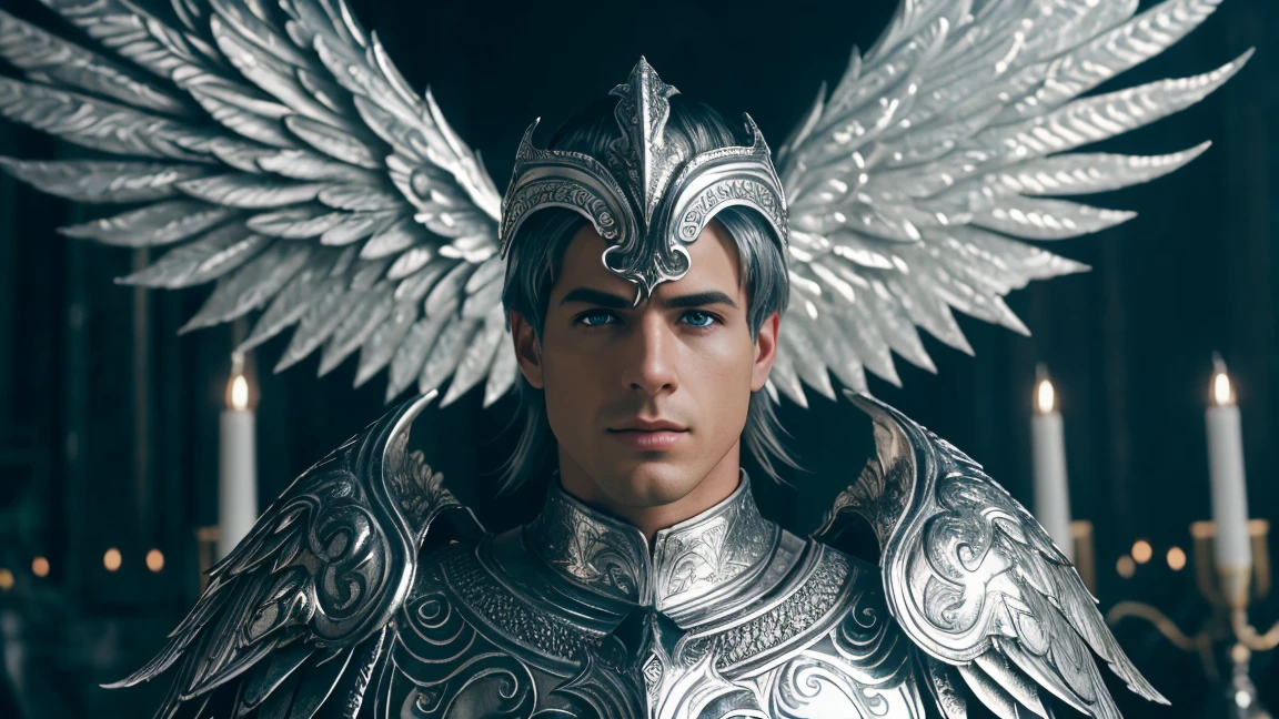 Close-up of a stunning male angel dressed in gleaming silver metallic armor, with magnificent white wings. The scene is cold and dark, with a damp and gloomy atmosphere. Cinematic image; photorealistic; photo realistic DVD screenshot of 1987 Dark Souls fantasy film 