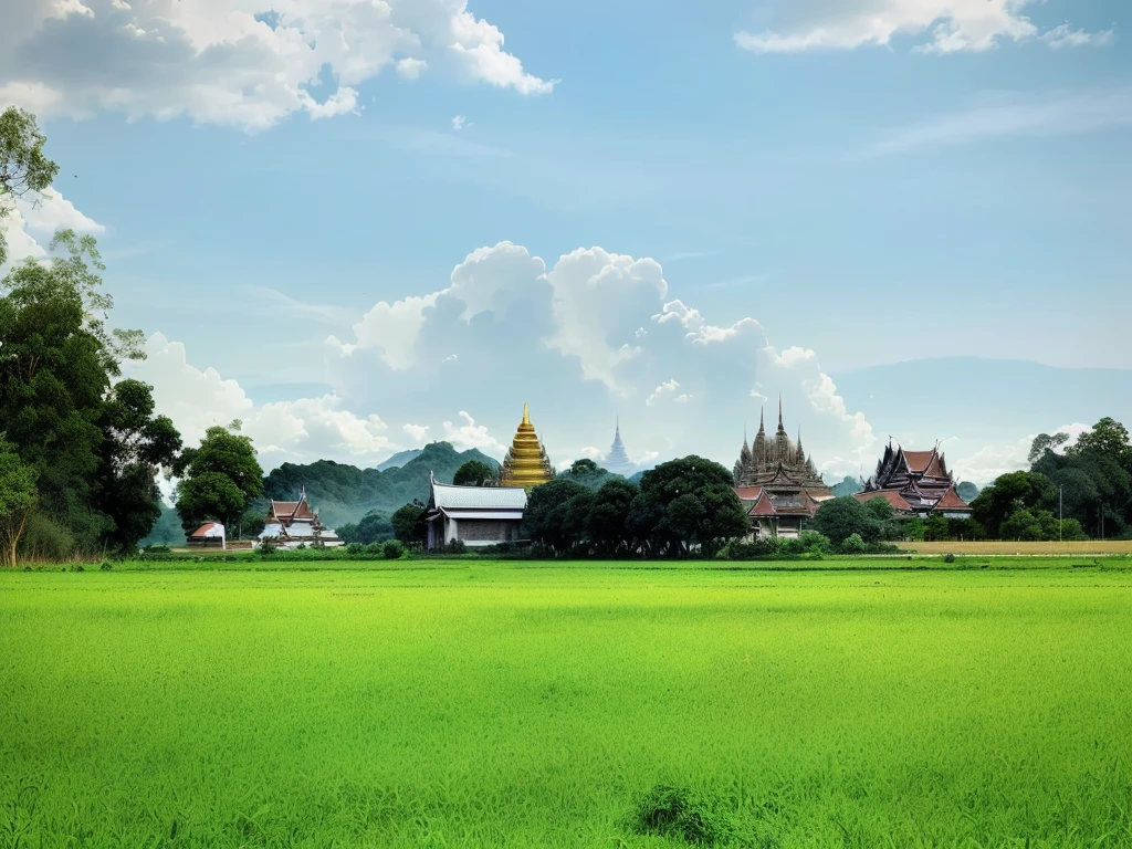 there is a large field with a house in the distance, temple in the distance, temple in the background, green field with village ruins, from the distance, seen from afar, seen from a distance, temple background, grass field surrounding the city, building in the distance, seen from far away, thai temple, viewed from far away, surrounding the city, from afar