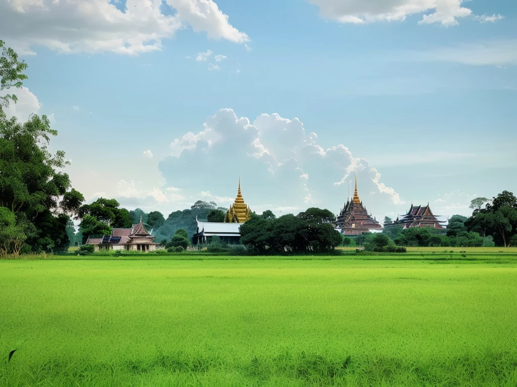 there is a large field with a house in the distance, temple in the distance, temple in the background, green field with village ruins, from the distance, seen from afar, seen from a distance, temple background, grass field surrounding the city, building in the distance, seen from far away, thai temple, viewed from far away, surrounding the city, from afar