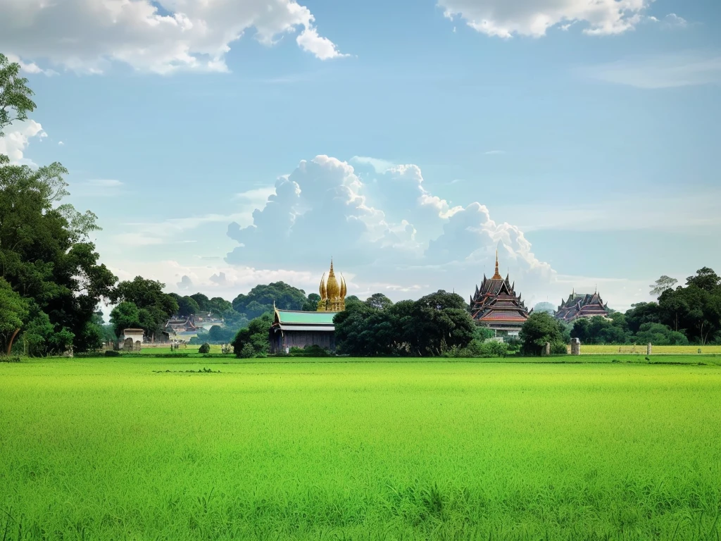 there is a large field with a house in the distance, temple in the distance, temple in the background, green field with village ruins, from the distance, seen from afar, seen from a distance, temple background, grass field surrounding the city, building in the distance, seen from far away, thai temple, viewed from far away, surrounding the city, from afar