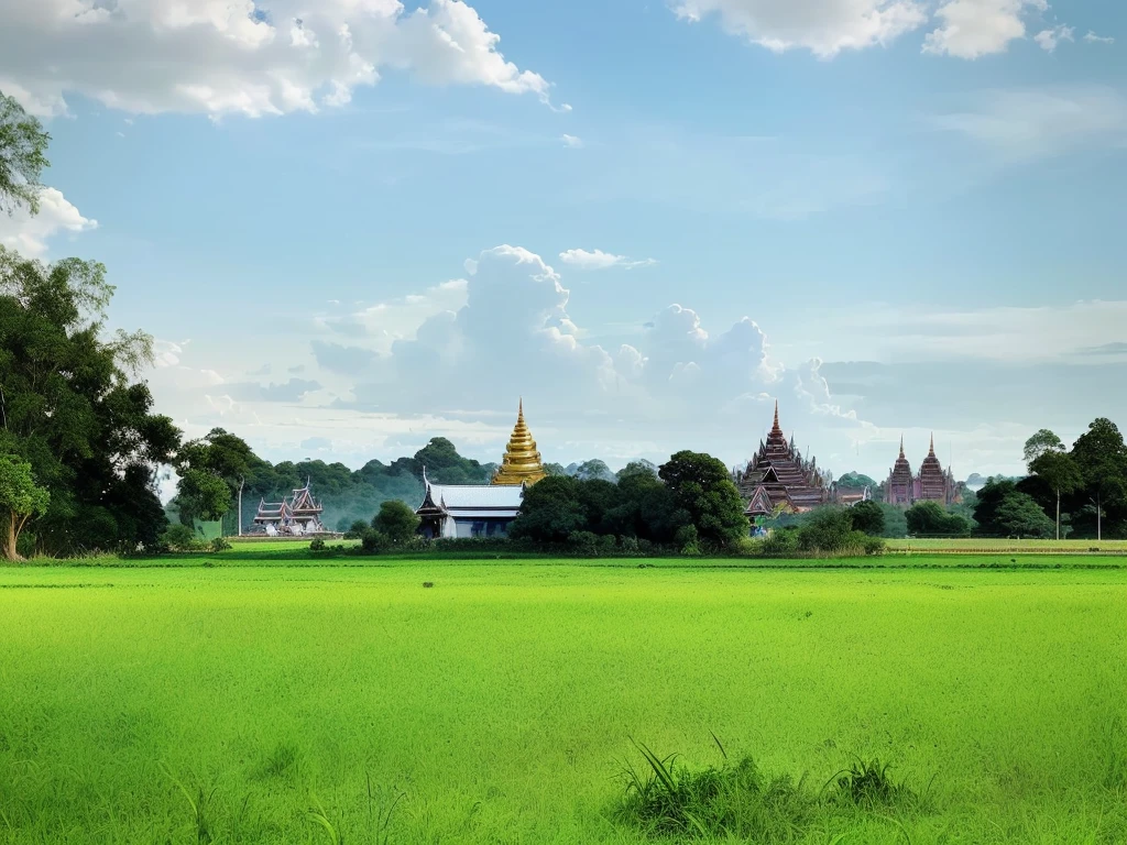 there is a large field with a house in the distance, temple in the distance, temple in the background, green field with village ruins, from the distance, seen from afar, seen from a distance, temple background, grass field surrounding the city, building in the distance, seen from far away, thai temple, viewed from far away, surrounding the city, from afar