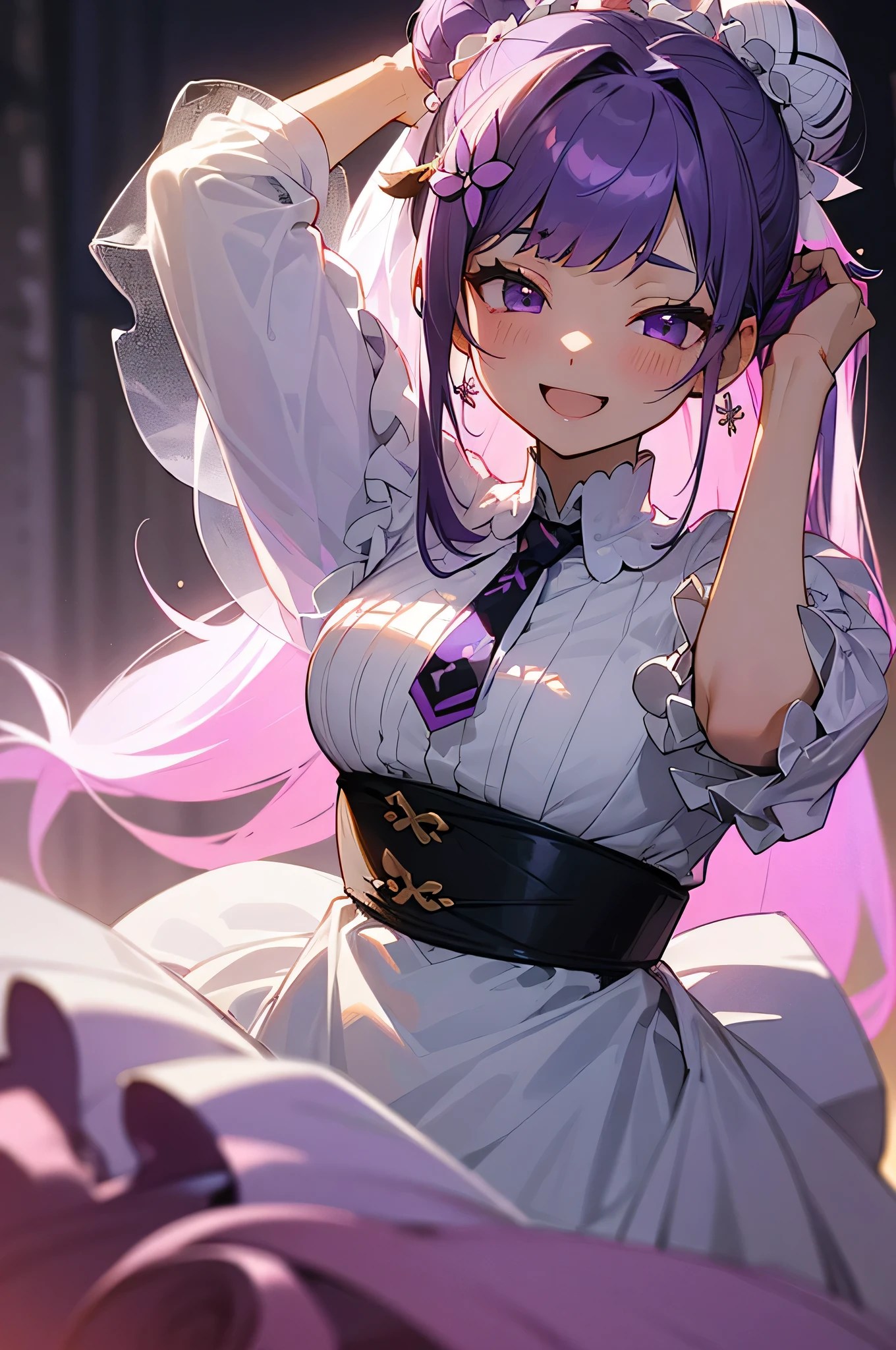 Highest quality, (((Tabletop))), (((Beautiful detailed hair))), (((Beautifully detailed skin))), alone, , young, upon, (((Purple Hair))), Purple eyes, (mascara), Blunt bangs, ((目uponの髪)), Long Hair, mixed pink hair、Mesh color pink、Medium chest, Frills, good、Black clothes、white bread cover、(((white bun hair accessory cover))),白いFrills, Too much decoration,, Faithfully, (((Eye focus))), (((Laughter))), The background is blurred, Hollow Eyes, Hollow Eyes, Bedroom Background, Displaying the viewer, (((Tie your hair up))), (((night))), Half-closed eyes, close, (((hair ornaments))), Upright body, Neatly cut bangs