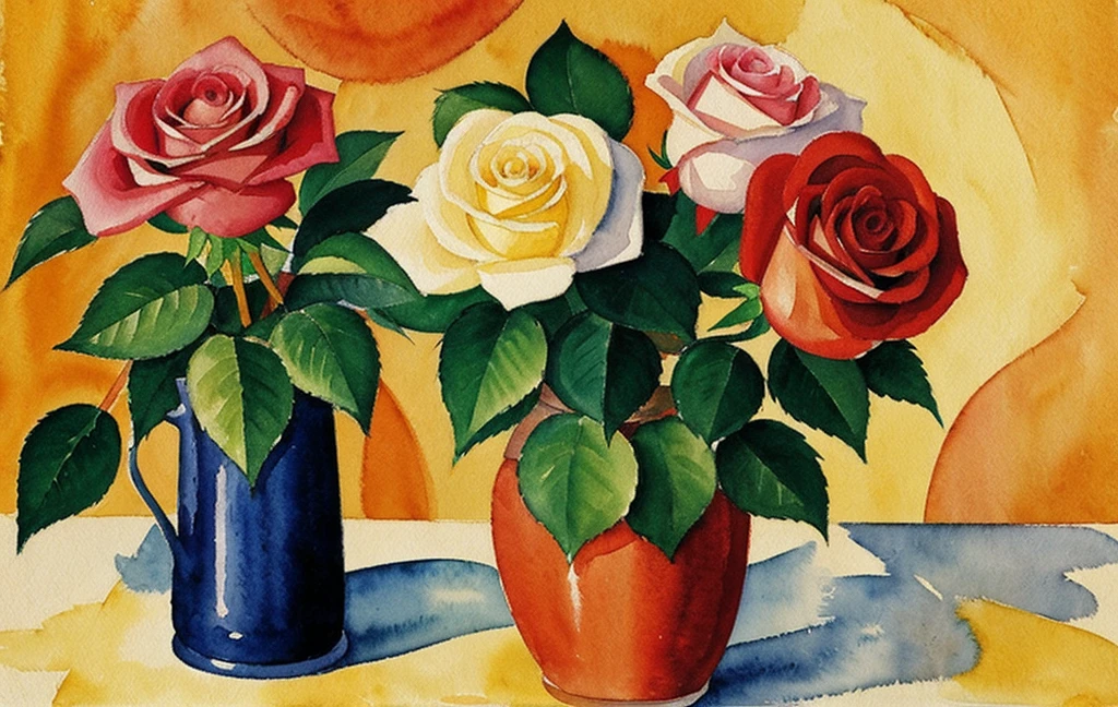 august macke style watercolor floral painting rose plants under sunshine