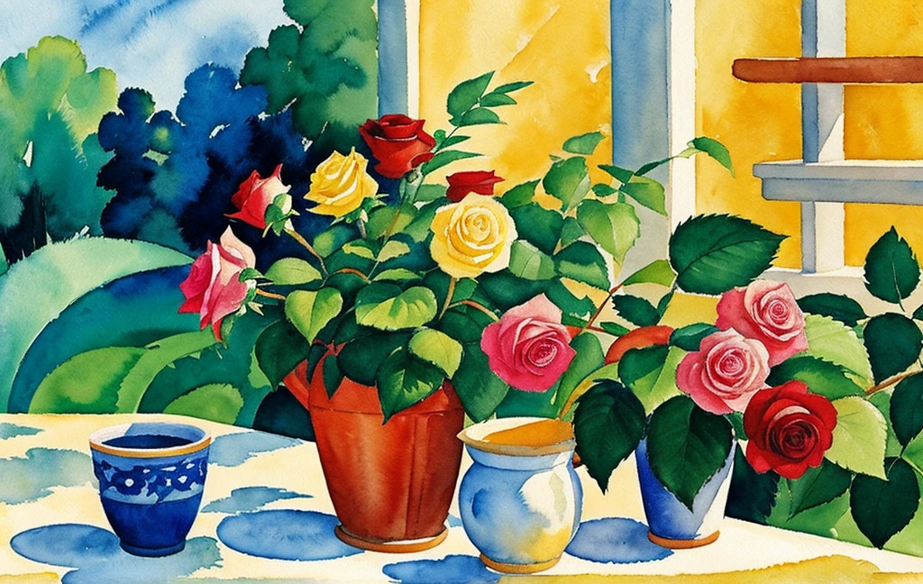 august macke style watercolor floral painting rose plants under sunshine
