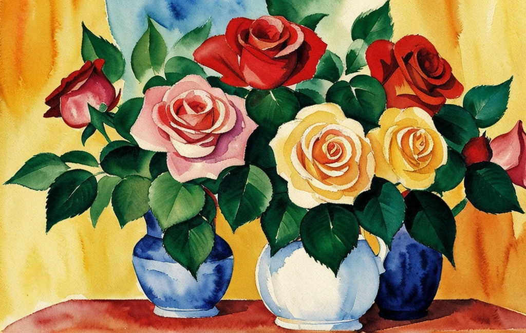 august macke style watercolor floral painting rose plants under sunshine