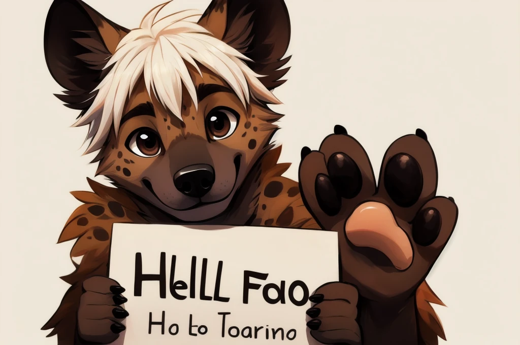 masterpiece,hyena,male,child,Solitary,best quality,Delicate eyes,Brown eyes,paw,Hair,White background,Cartoon style,White hair,Facing the camera,Smile,Holding a sign in both hands,The sign says "hello"