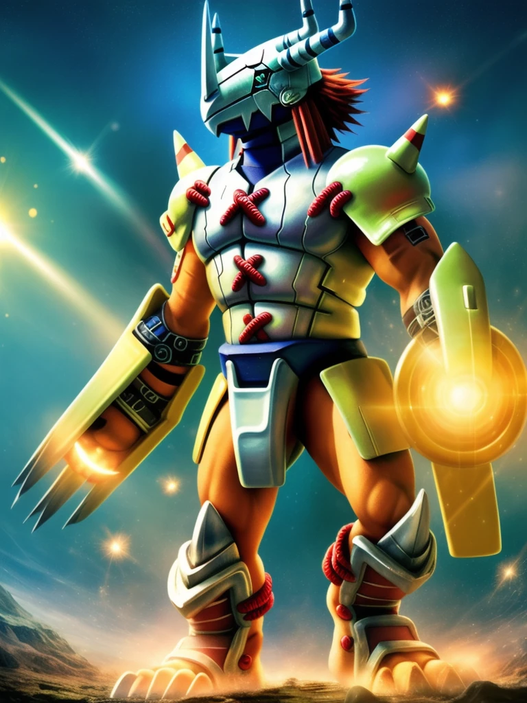 masterpiece,Official Art,Humanity,male,(WarGreymon:1.2),Delicate face,Delicate eyes,Helmet, armor, Horn, Digimon, Upper Body, Depth of written boundary, Perfect lighting, Particles of light,(Highest quality),(masterpiece),(Super detailed),Sharp focus,Particles of light
