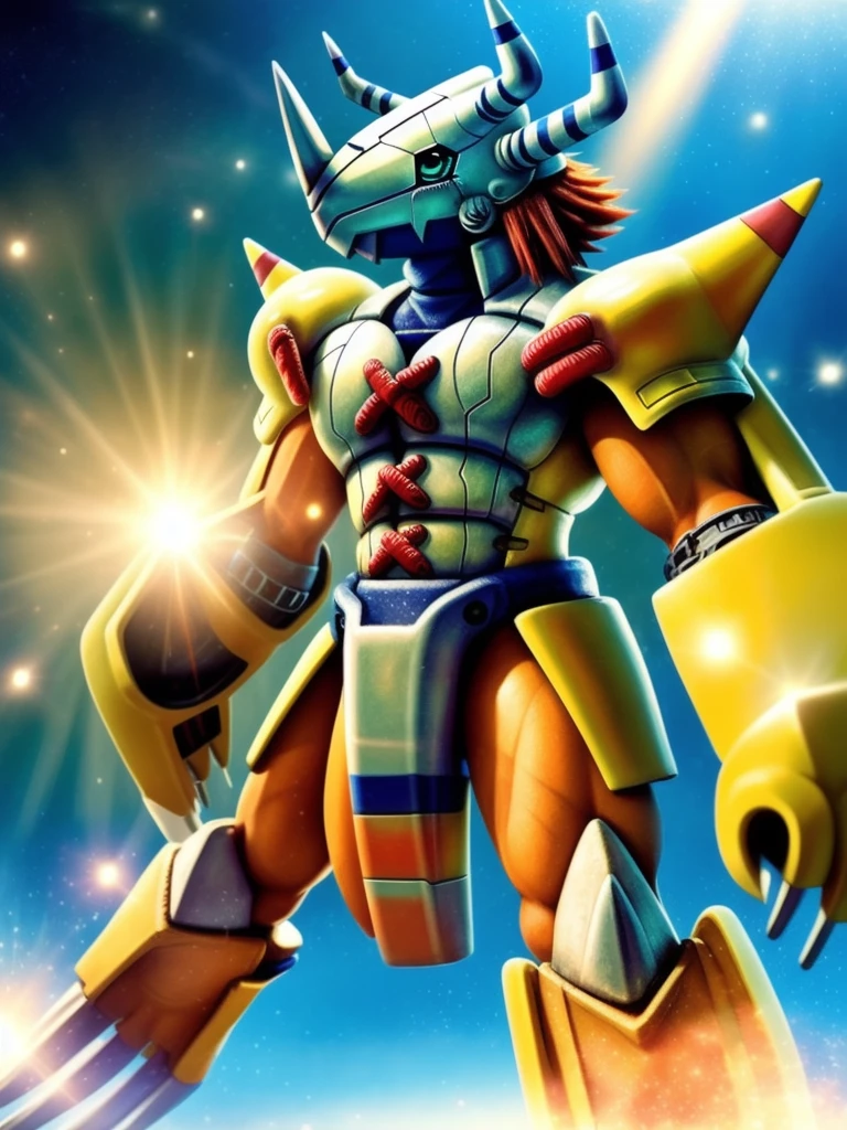 masterpiece,Official Art,Humanity,male,(WarGreymon:1.2),Delicate face,Delicate eyes,Helmet, armor, Horn, Digimon, Upper Body, Depth of written boundary, Perfect lighting, Particles of light,(Highest quality),(masterpiece),(Super detailed),Sharp focus,Particles of light
