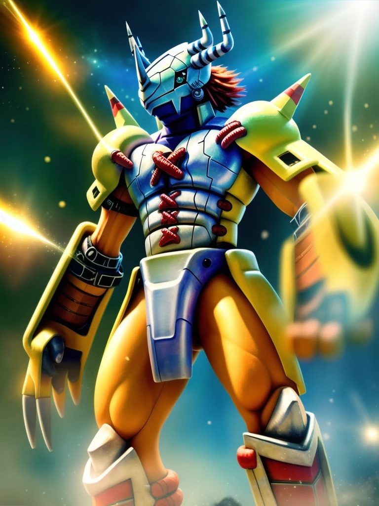 masterpiece,Official Art,Humanity,male,(WarGreymon:1.2),Delicate face,Delicate eyes,Helmet, armor, Horn, Digimon, Upper Body, Depth of written boundary, Perfect lighting, Particles of light,(Highest quality),(masterpiece),(Super detailed),Sharp focus,Particles of light
