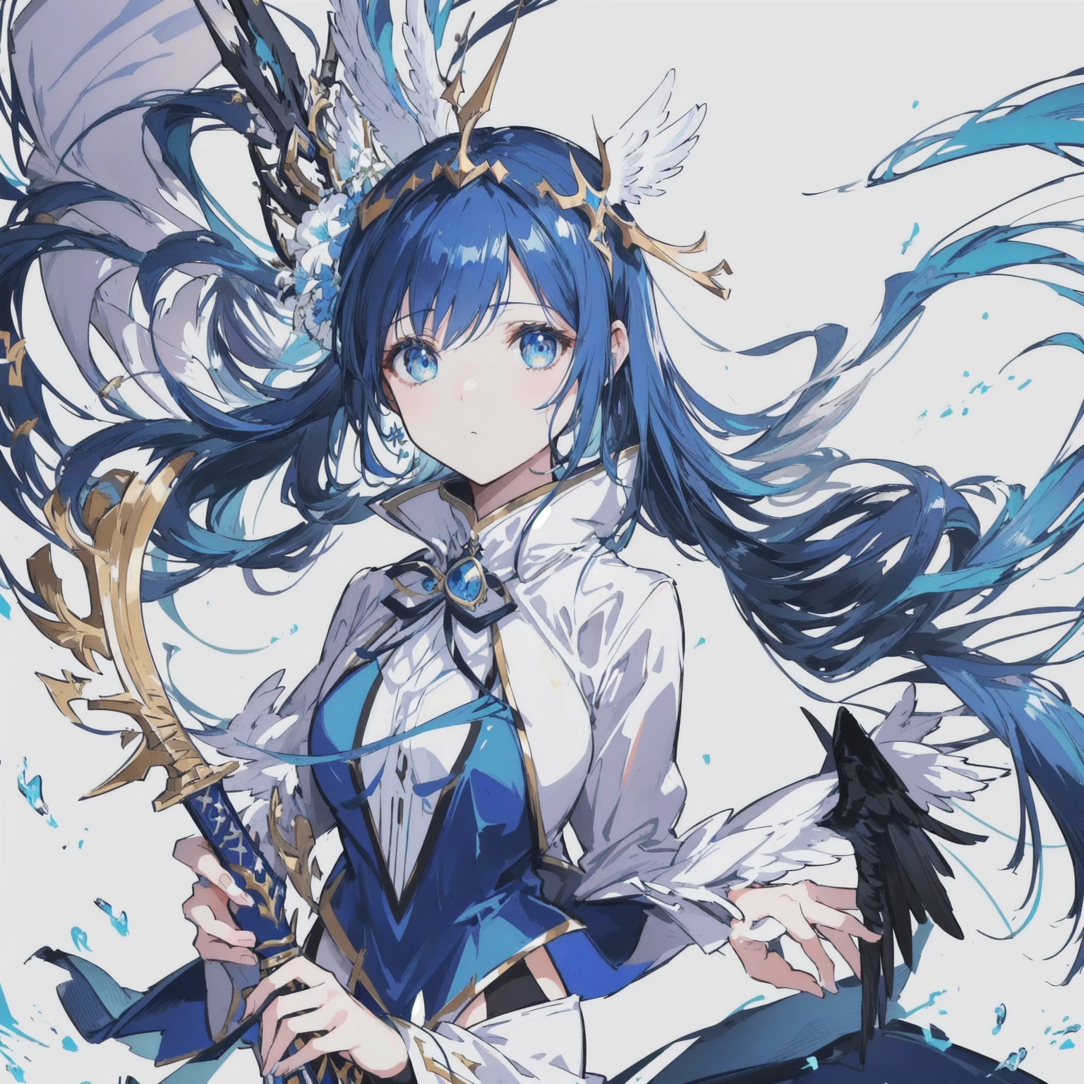 Anime girl holding a sword and a big bird, Albedo from the anime Overlord, artwork in the style of Gu Weiss, Albedo from Overlord, Brunette magician, Gu Weiss, Gu Weiss on pixiv artstation, From Arknights, Anime cute art style, Anime Art, Portrait of anime girl，There are angel wings，sideways，Blue dress，Blue hair is dyed




