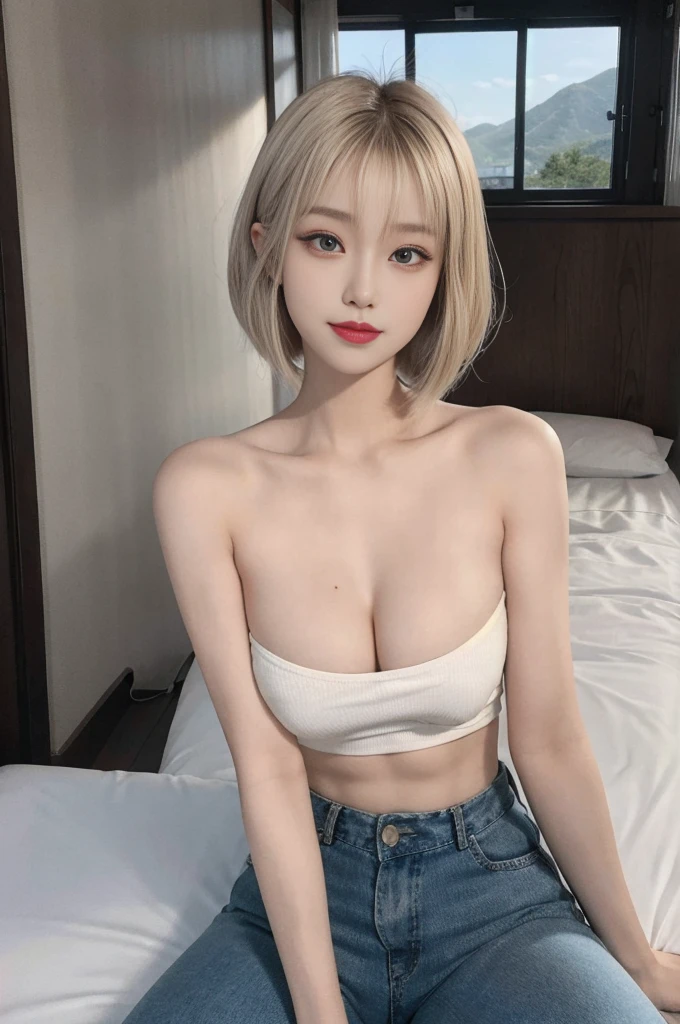 8K RAW photos, -yeld coKorean, big round breasts, beautiful abs, naked , beautiful eyes in detail, eyelashes, beautiful double eyelids, eye shadow, slit eyes, sanpaku eyes, perfect eye makeup, tight smile, beautiful thin legs, bright blonde hair, bob cut, various hairstyles, ponytailearring