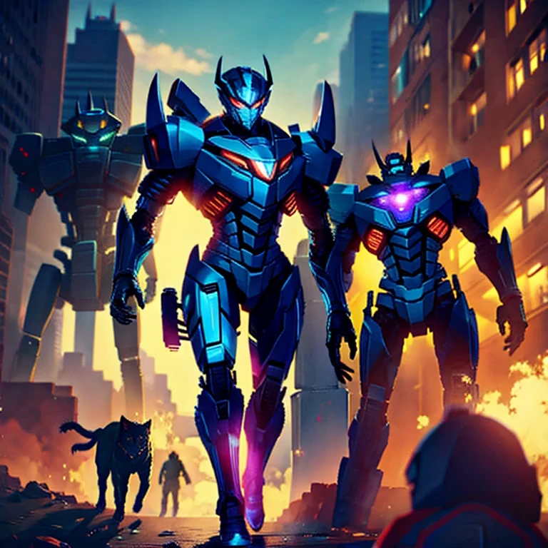 A transformer based on a spider (Decepticon) fights a transformer themed around a Cheetah (Autobot), robot battle in New York, explosions, high action