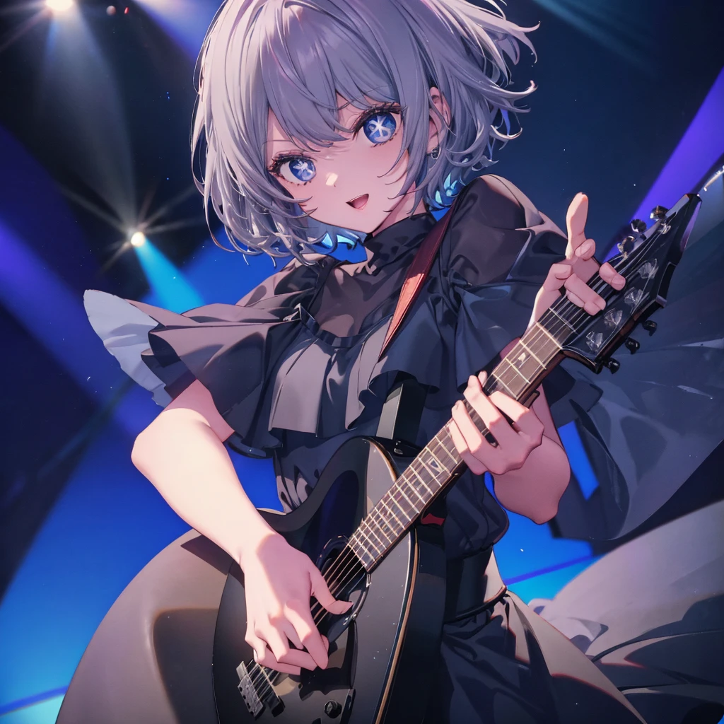 (((1 person　Gray Hair　dress　singer　blue eyes)))　((High resolution　short hair　青いdress　Black Skirt　Rin々Funny face))　((Close-up))　((Open your mouth　Shining Aura　On stage　Guitar solo))　(smile　Exposure to blue light)　Shining Background　Shining Edge