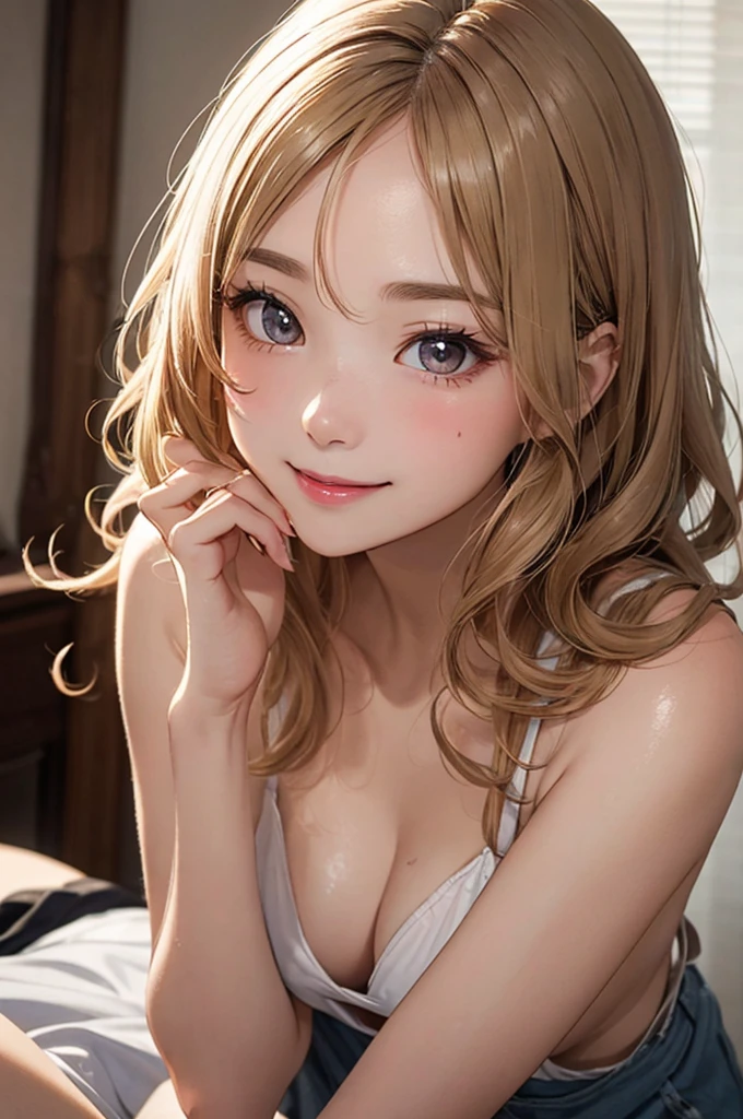 (Mastepiece:1.3), It is high resolution., Super detailed, Highly Detailed CG Unity 8K Wallpaper, Realism, photo-Realism, Raw photo, Beautiful detailed face, Light skin, Realism glistening skin, Detailed hair texture, Perfect Body, Beautiful face, correct, Anatomically correct, Highly detailed face and skin texture, Natural neck length, (Beautiful hands and airy skin:1.2), Slim legs, Slim legs, BREAK, Detailed eyes, Symmetrical eyes, Light brown eyes, Double eyelids, Thin eyebrows, (Glossy lips:1.4), ((Smiling Kindly, Waiting for a kiss:1.2)), (blush:1.1), BREAK, (Classy and cute girl:1.3), Large Breasts, (Slender figure:1.1), Strong abdominal muscles, Beautiful clavicle, (Blonde Hair, Wavy Hair, Long Hair:1.2), ((Asymmetrical bangs:1.2)), BREAK,naked、全naked、whole body、Stick your butt out