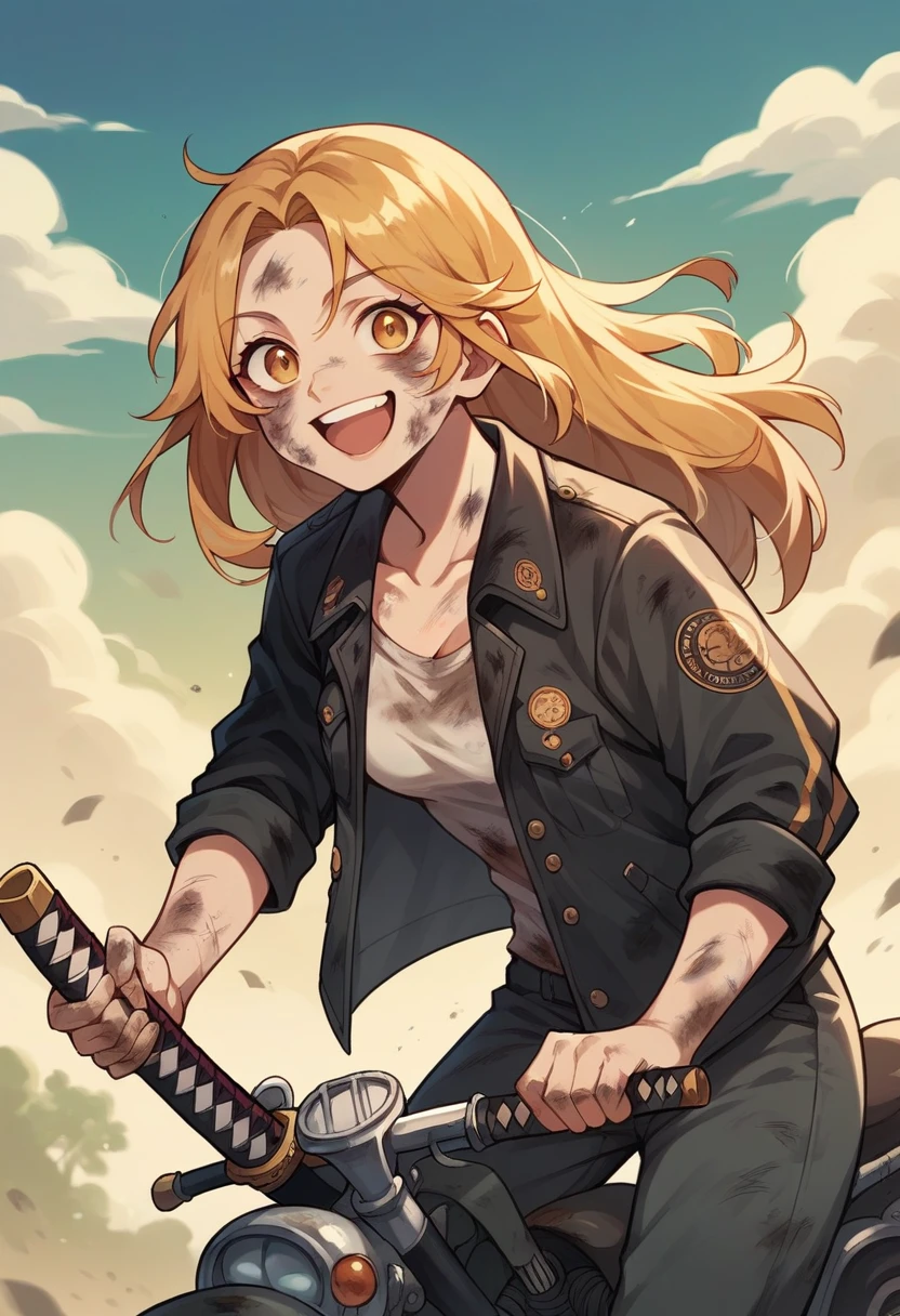 Woman on a cruiser motorcycle, black streetwear, medium chest, dystopian cities , long golden hair, golden eyes, big smile, happy, katana, dirty, zombies