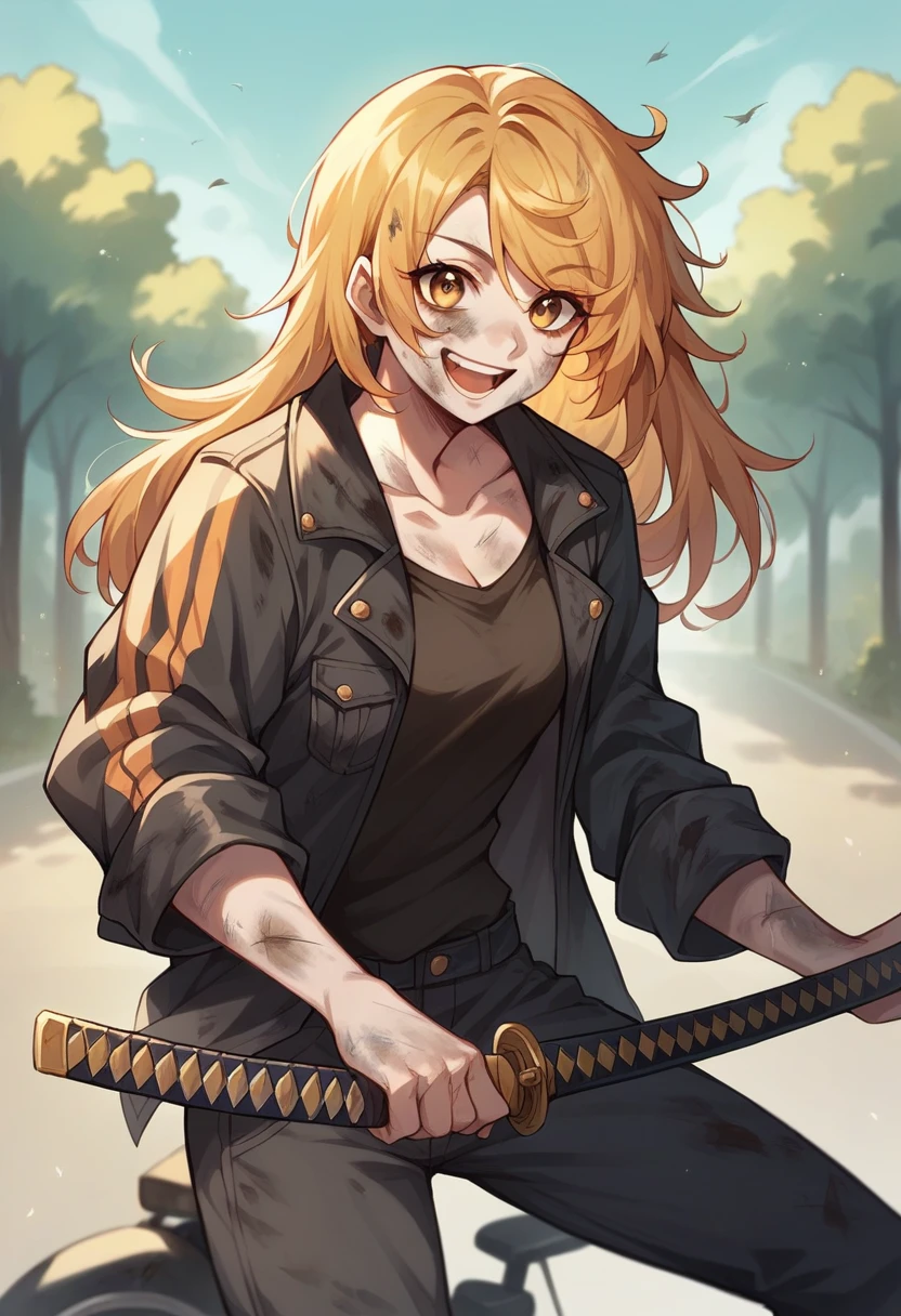 Woman on a cruiser motorcycle, black streetwear, medium chest, dystopian cities , long golden hair, golden eyes, big smile, happy, katana, dirty, zombies