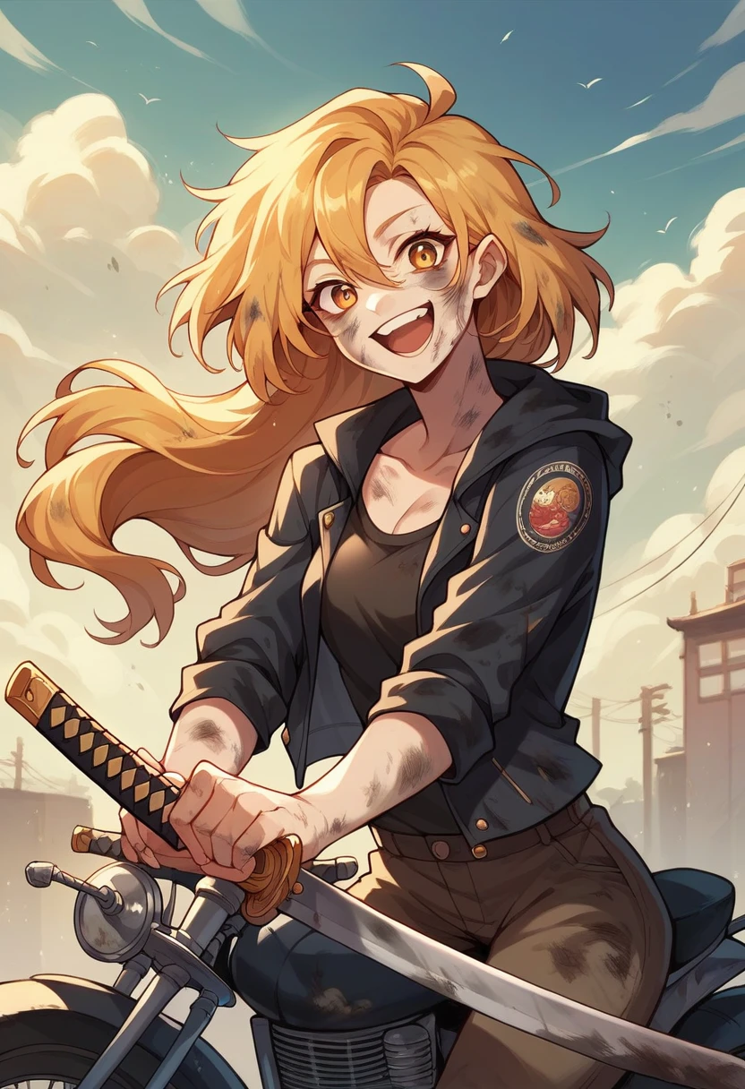 Woman on a cruiser motorcycle, black streetwear, medium chest, dystopian cities , long golden hair, golden eyes, big smile, happy, katana, dirty, zombies