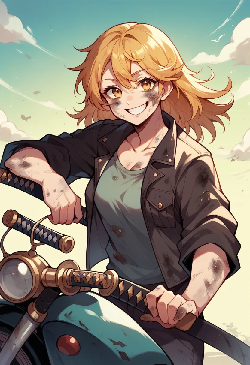 Woman on a cruiser motorcycle, black streetwear, medium chest, dystopian cities , long golden hair, golden eyes, big smile, happy, katana, dirty, zombies