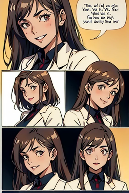 Mature women with long brown hair with lipstick , gentle eyes, smiling while holding herbs , manga page with panels and dialogue