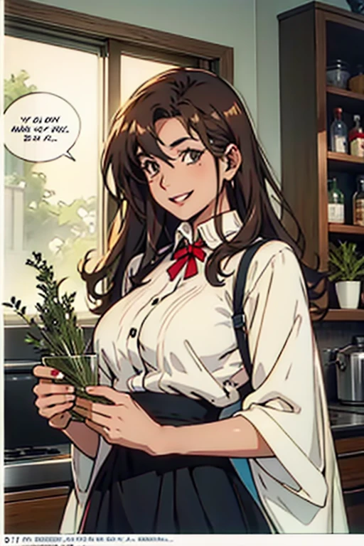 Mature women with long brown hair with lipstick , gentle eyes, smiling while holding herbs , manga page with panels and dialogue