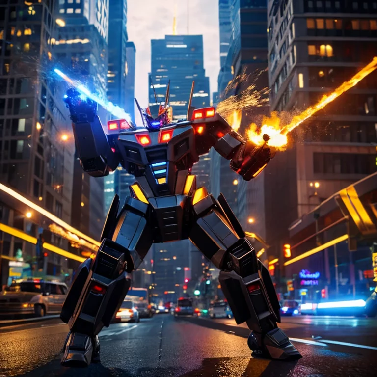 A transformer based on a spider (Decepticon) fights a transformer themed around a Cheetah (Autobot), robot battle in New York, explosions, high action