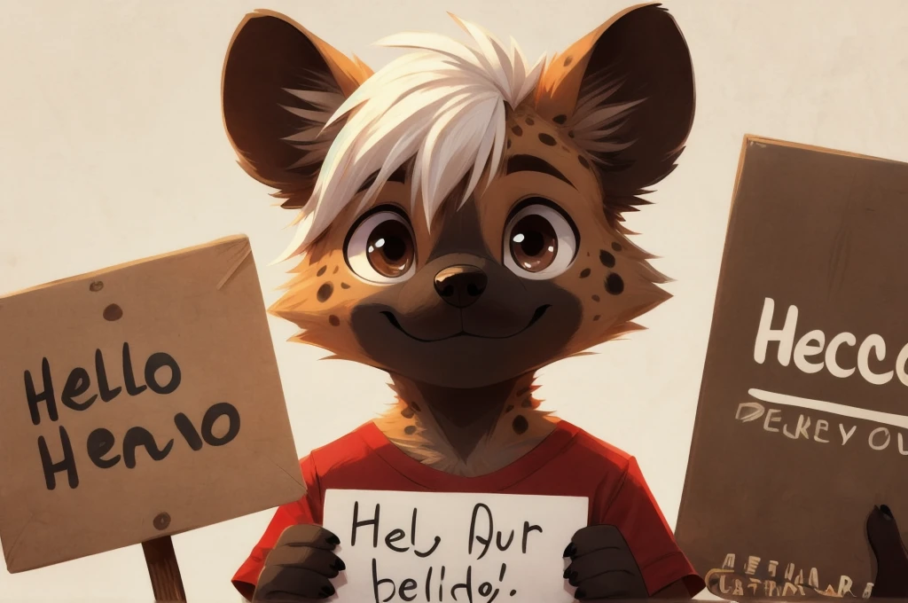 masterpiece，hyena，male，，Solitary，best quality，Delicate eyes，Brown eyes，paw，Hair，White background，Cartoon style，White hair，Facing the camera，Smile，Holding a sign in both hands，The sign says &quot;hello&quot;，Standing