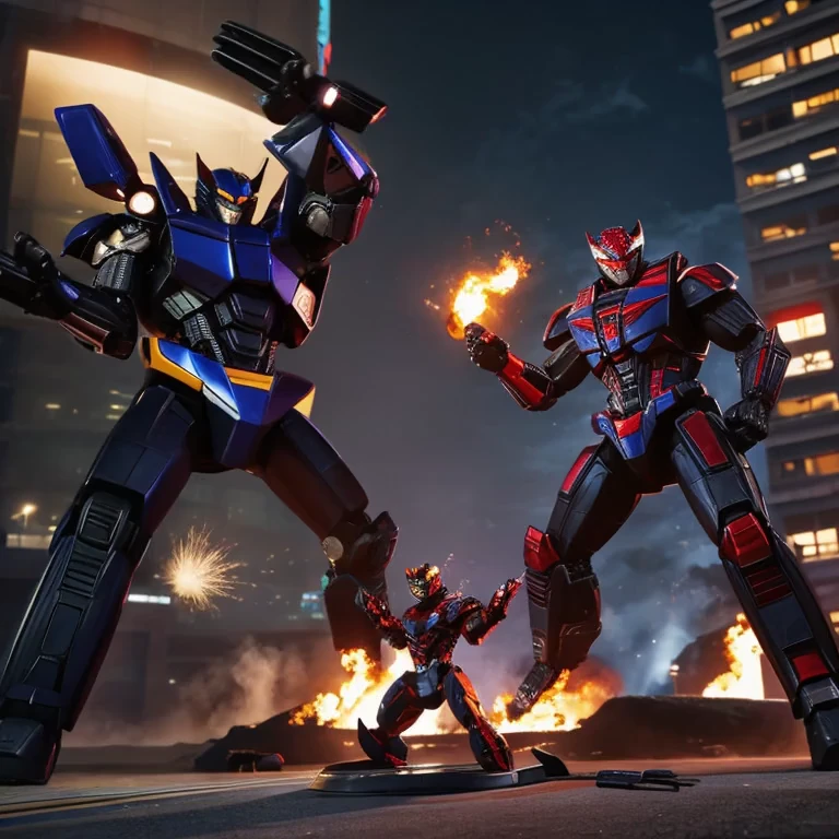 A transformer based on a spider (Decepticon) fights a transformer themed around a Cheetah (Autobot), robot battle in New York, explosions, high action