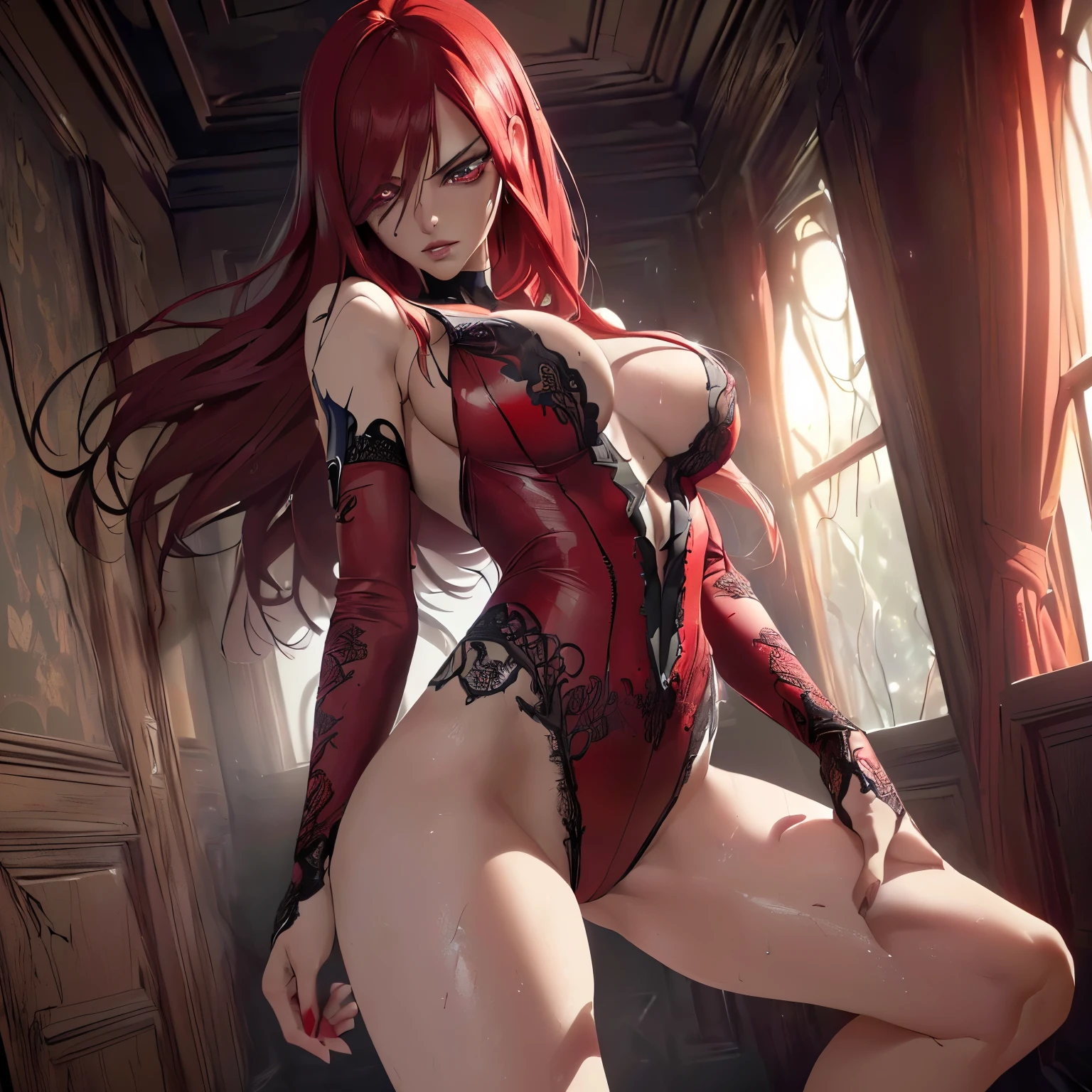 Best Quality,8k,high resolution,Masterpiece:1.2), (ultra detailed), (NSFW not safe for work art), (Erza Scarlet (Fairy Tail Settings), (pose sexual), (realist,photorealist,photo-realist:1.37), (HDR,HD), (portrait), (vivid colors), (long legs), (clearly elongated face), (Hermosos detailed eyes), (dark red eyes profundos), (beautiful detailed lips), (extremely detailed eyes and face), bright Eyes, dark red eyes, Dynamic angle and posture, soaked in sweat, perspiration, undressing (long eyelashes), (long hair over one eye light red color), (sharp focus), (physically based rendering), (BIG BREASTS) (open legs), (intense), (expression of intense desire), (motion blur), (elegant), (slim figure), (anime inspired), (bright lights), (sexual), (contrasting colors), (mysterious atmosphere), (action packed scene), (Unique style), (striking), (Handsome), (evocative), (expressive), (Intriguing atmosphere), (giant breasts:1.2) ((Best Quality)),((Very detailed)),Masterpiece,absurdities,detailed face,beautiful face,(detailed eyes, deep eyes),(1 girl),((dynamic pose)), erotic lingerie