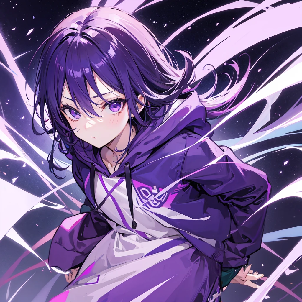 Keito。Purple hoodie、Purple eyes