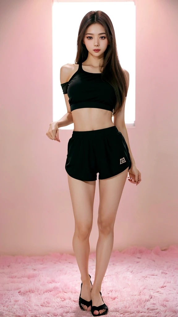 (best quality:1.5), Korean woman, 24 years old, brunette hair:1.5, perfect eyes, (Pink and black Yoga Top:1.2, black Yoga Short shorts:1.2), Beautiful and delicate eyes, symetric eyes:1.2, perfect round eyes:1.2, medium breasts, perfect body, (toned belly:0.4), (full body photo:1.5), (very high resolution:1.2), ultra-detail, (masterpiece:1.5), (Super beautiful), (beauitful face:1.5), ((athletic body)), (perfect toned legs), (lip stick:1.1), (eye liner:1.2), straight hair:1.2, white background.