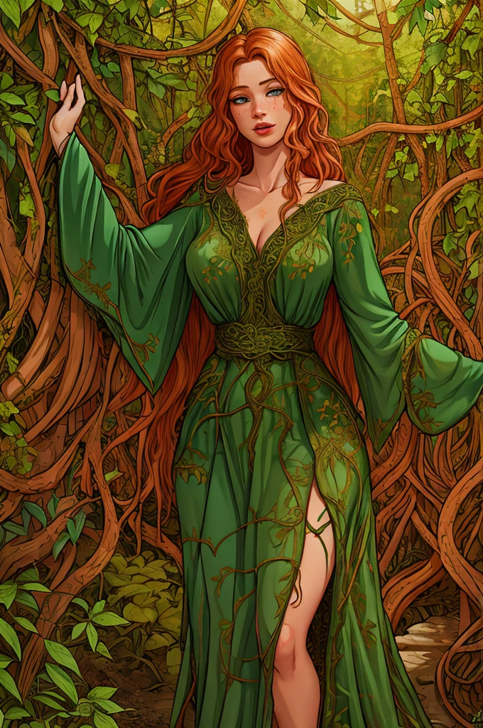 rubenesque woman, standing in a forest glade, small brook, woman, reddish-blonde, freckles, ((covered in vines)), naked, druidess, vines, robe of vines and leaves, pinup, ((see-though)) clothes