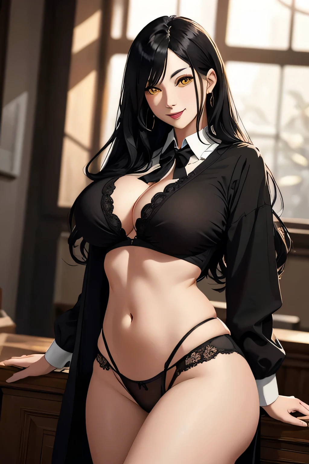 Amazing portrait of a mature girl with long black hair and yellow eyes having large breasts wearing a school outfit with exquisite eyes detail and exquisite character design with a sexy body she's a milf who's 35 years old girl with big thighs and a sexy waist and she's cheerful