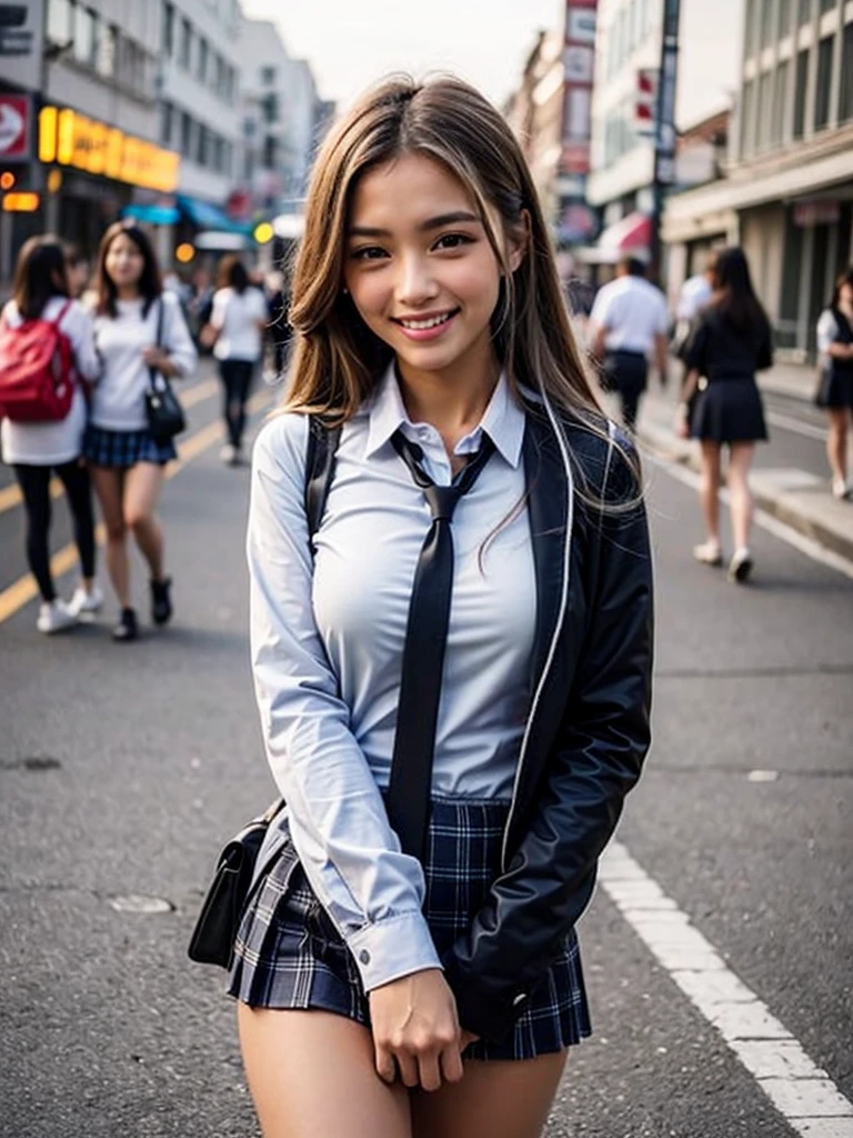 (smile)、Cute Girl、fun、(((smile)))、high school girl、((Schoolgirl uniform))、(The eyes are light brown)、(((Droopy eyes))),Ultra-realistic、photograph、(((Pedestrian precinct)))、Short skirt、 The face is very beautiful、Clear eyes、(((Eyes with big eyes)))、Pedestrian precinct、intersection、Japanese girls' high 、 bench、Dark blue pretz skirt、Large bust、((Sexy young woman's body:1.4))、