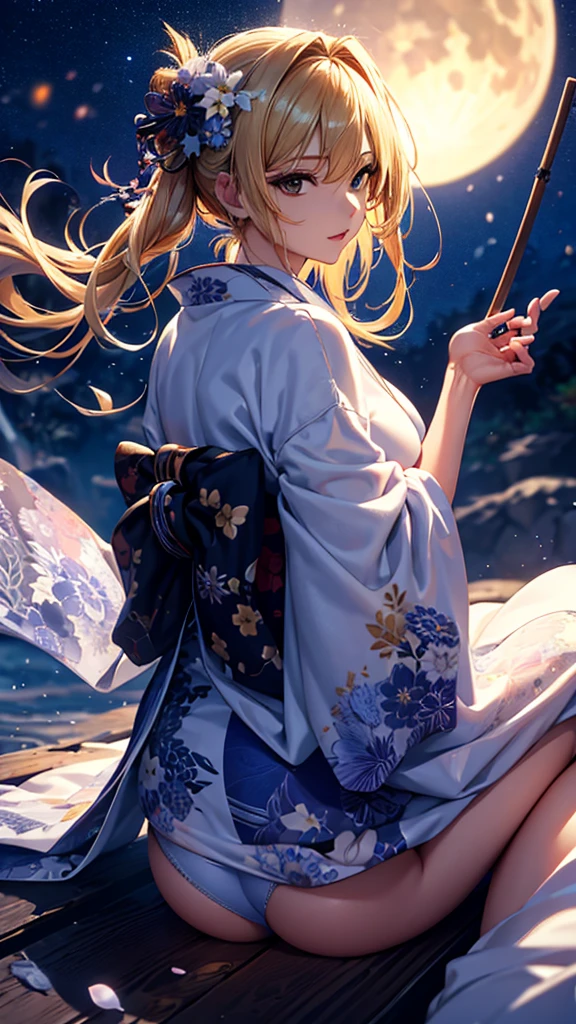 masterpiece, high quality, 4K, Beautiful design, silhouette，blonde， 非常に詳細な夜のStarry Sky,Flower Field， wonderful, Finer details,  Very knowledgeable woman, Highly detailed solo, 1 female,Big Breasts，Butt Emphasis，Underwear Line，Yukata in white color，Night view，Starry Sky，full moon，How to sit，