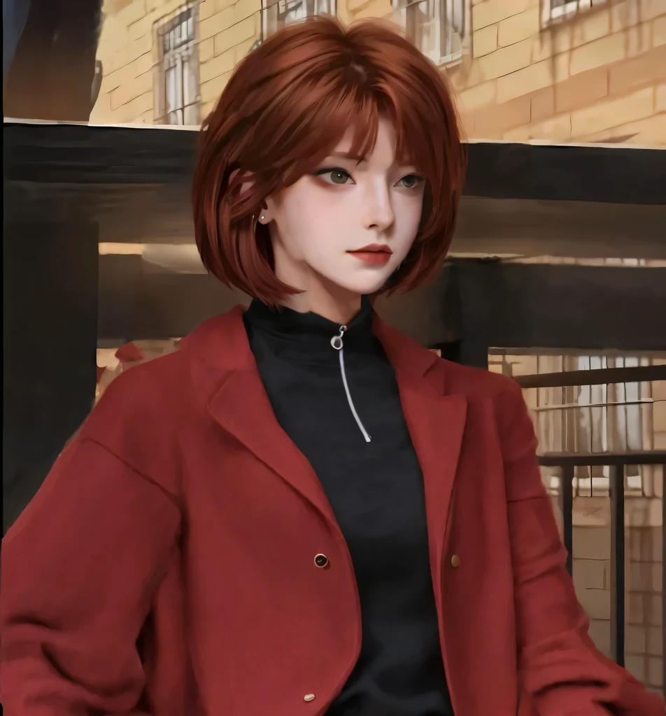 Ear-length reddish brown short hair