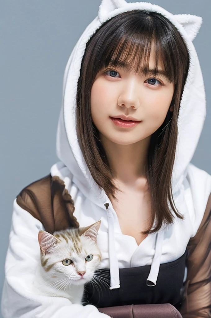 One Girl, (Beautiful girl, Delicate girl:1.3), (:1.3),
break, (Fluffy hoodie, skirt:1.3), (White cat ears:1.2),
break, (White Background:1.2),
break, Very beautiful eyes, (Symmetrical eyes:1.3),
break, (Small breasts:0.5), Brown eyes, Parted bangs, (Silver Hair:1.3), (Upper teeth, The best smile:0.2),
break, (Eye and facial details:1.0),
break, (masterpiece, Highest quality, Super detailed, Detailed face, 8K)