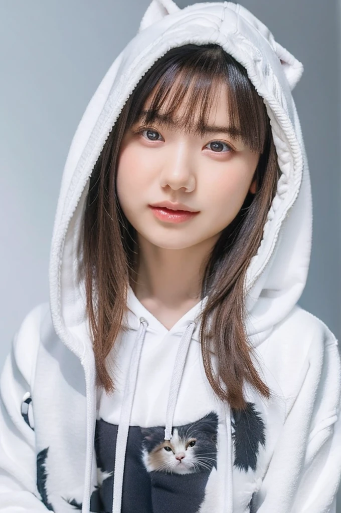 One Girl, (Beautiful girl, Delicate girl:1.3), (:1.3),
break, (Fluffy hoodie, skirt:1.3), (White cat ears:1.2),
break, (White Background:1.2),
break, Very beautiful eyes, (Symmetrical eyes:1.3),
break, (Small breasts:0.5), Brown eyes, Parted bangs, (Silver Hair:1.3), (Upper teeth, The best smile:0.2),
break, (Eye and facial details:1.0),
break, (masterpiece, Highest quality, Super detailed, Detailed face, 8K)