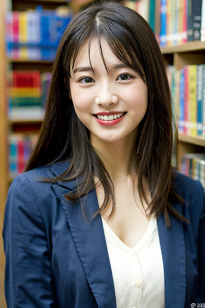 (8k、RAW Photos、highest quality、masterpiece:1.2)、(Realistic、Realistic:1.37)、Very detailed、超A high resolution、1 girl、View your audience、Beautifully detailed face、A smile showing just a few teeth、narrow、(Slim waist) :1.3)、((Wearing a suit))、beautifully detailed skin、Skin Texture、Floating Hair、Shapely large breasts、Professional Lighting、Bright room、Bright library、Human whole body、Black Hair、I have a book、