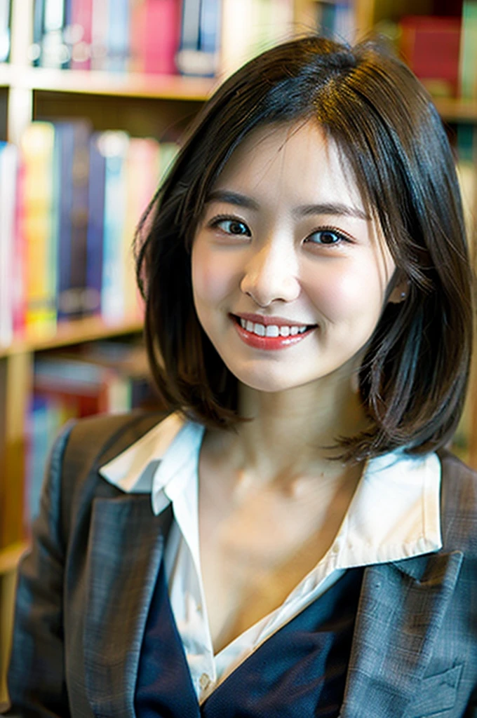 (8k、RAW Photos、highest quality、masterpiece:1.2)、(Realistic、Realistic:1.37)、Very detailed、超A high resolution、1 girl、View your audience、Beautifully detailed face、A smile showing just a few teeth、narrow、(Slim waist) :1.3)、((Wearing a suit))、beautifully detailed skin、Skin Texture、Floating Hair、Shapely large breasts、Professional Lighting、Bright room、Bright library、Human whole body、Black Hair、I have a book、