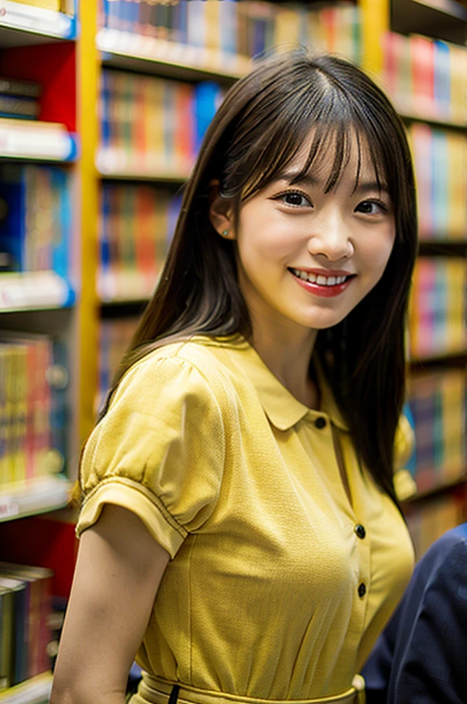 (8k、RAW Photos、highest quality、masterpiece:1.2)、(Realistic、Realistic:1.37)、Very detailed、超A high resolution、1 girl、View your audience、Beautifully detailed face、A smile showing just a few teeth、narrow、(Slim waist) :1.3)、((Wearing a suit))、beautifully detailed skin、Skin Texture、Floating Hair、Shapely large breasts、Professional Lighting、Bright room、Bright library、Human whole body、Black Hair、I have a book、