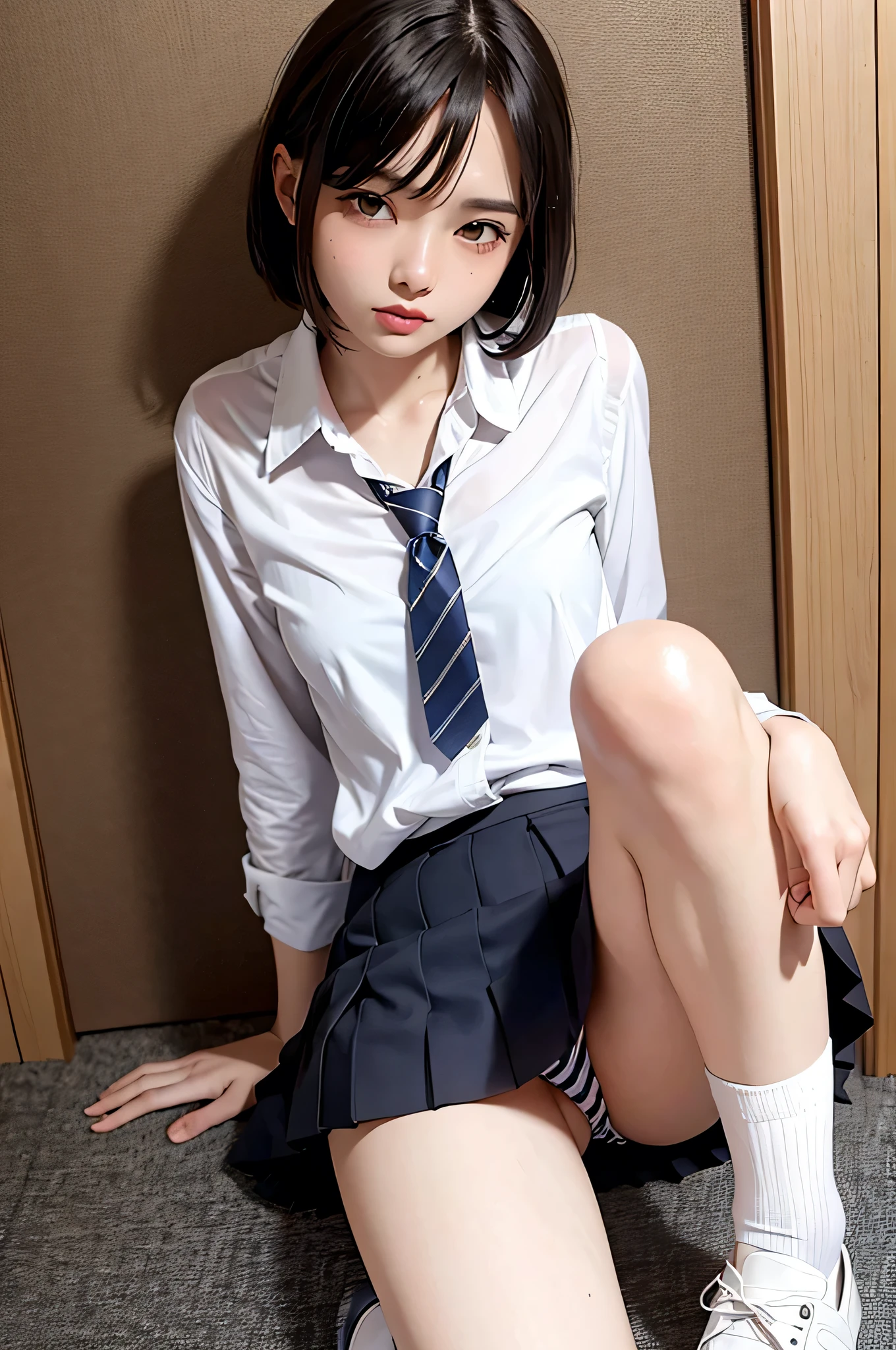 white collared shirt, blazer, bowtie, necktie, pleated skirt, micromini skirt, bobby socks, , white socks, loafers, school shoes,striped panties,(( pantyshot, panties shot)),,skirt up.cowboy shot.spread legs.((full body)).23yo .pee stain