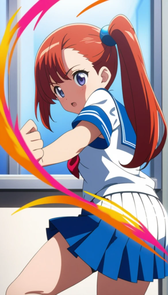 スカート無し、Stripes々Panties、From the back(Anime artwork, Anime Style, Studio Anime, Very detailed, Latest, Vibrant, Anime Coloring, High Contrast, masterpiece:1.2, highest quality, Best aesthetics), A woman wearing a sailor suit, Pleated skirt, Medium chest, Thighs glimpsed, Redhead, Side Ponytail, Asymmetrical bangs, Perfect Proportions, Skin with attention to detail, cute, Detailed face, Dance Motion, Poses with action, (Accurate fingertips, Browse 4, Thumb 1),