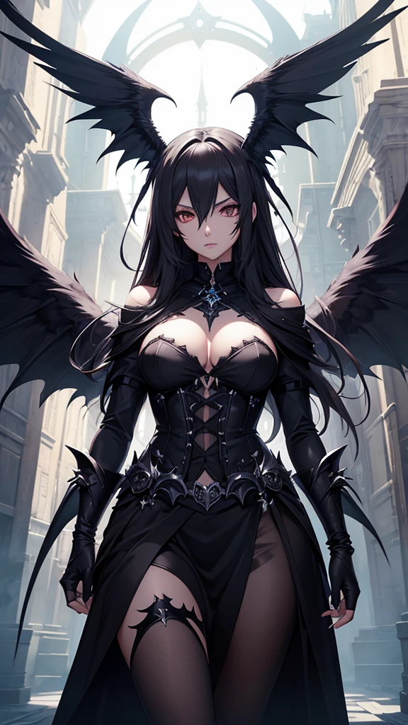 Highest quality, masterpiece, Ultra-high resolution, ZBrush Central Contest Winners, Gothic art, Angel Knight Gothic Girl, OverloadAlbedo of, Female vampire with raven wings, Two black feathered wings, anime「Overload」Albedo of