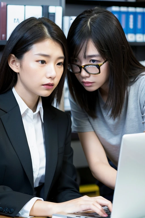 ((Highest quality)), ((masterpiece)), (detailed), Lesbian couple、Browsing Caution、Two Women, ,suit,Laptop,2 units,Facing each other,AI Training ,Office Space