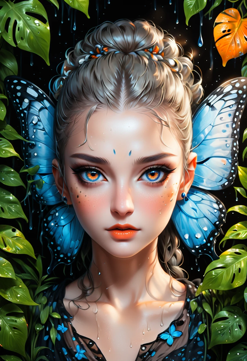 Lush plants，A fierce leopard in the jungle,1leopard,orange piercing eyes,black and white,dark background,photorealistic,realistic,high quality,high resolution,ultra detailed,masterpiece,studio lighting,cinematic lighting,dramatic lighting，Blue glowing butterfly，Water drops on leaves